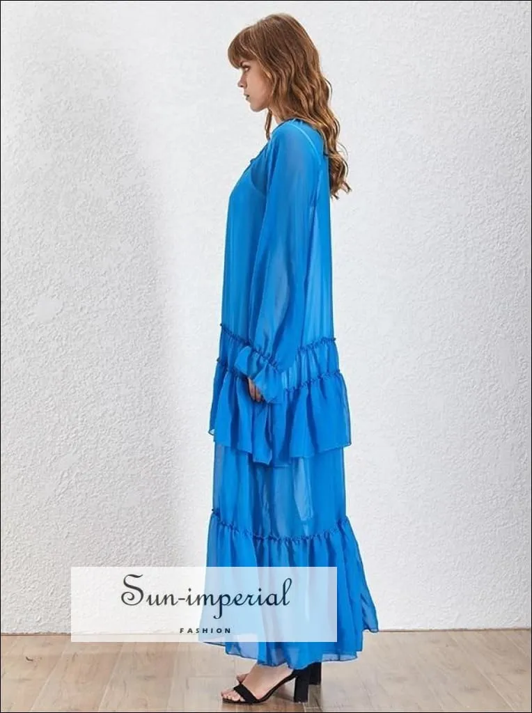 Lucy Dress- Solid Blue Sheer Maxi Dress O Neck Lantern Sleeve Oversize Ruffles Dress