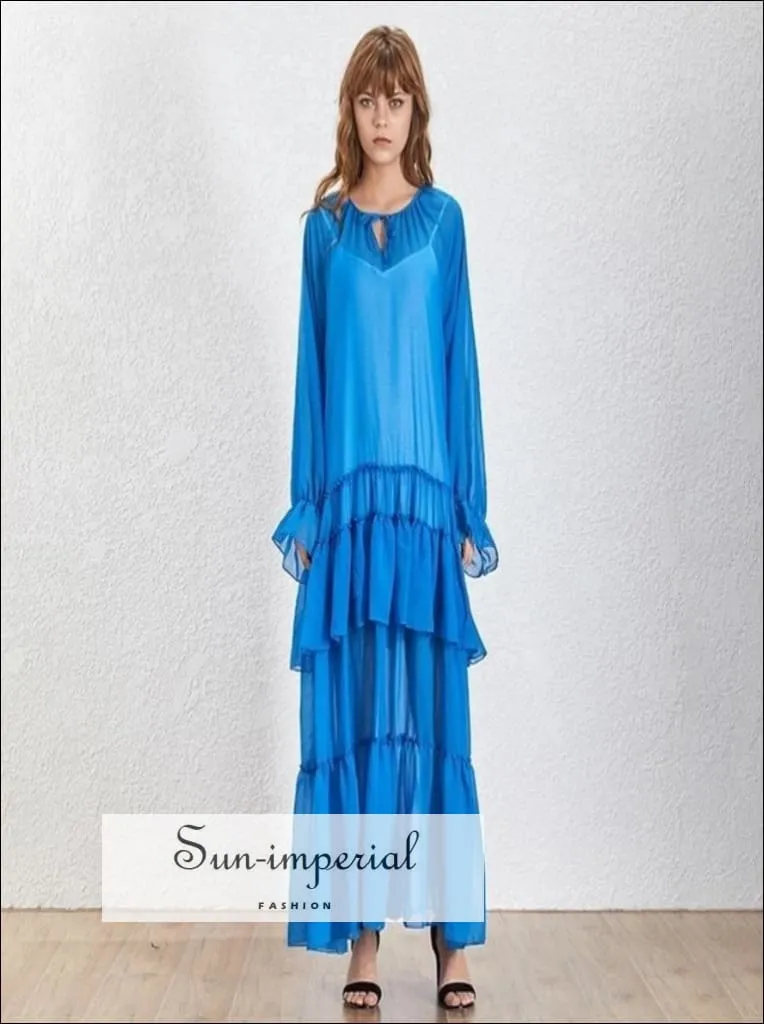 Lucy Dress- Solid Blue Sheer Maxi Dress O Neck Lantern Sleeve Oversize Ruffles Dress