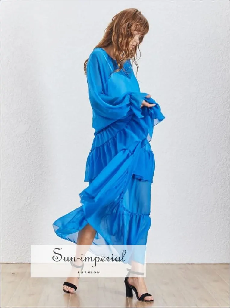 Lucy Dress- Solid Blue Sheer Maxi Dress O Neck Lantern Sleeve Oversize Ruffles Dress