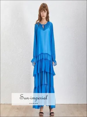 Lucy Dress- Solid Blue Sheer Maxi Dress O Neck Lantern Sleeve Oversize Ruffles Dress