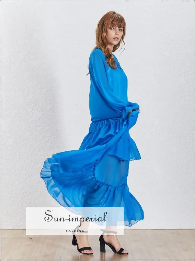 Lucy Dress- Solid Blue Sheer Maxi Dress O Neck Lantern Sleeve Oversize Ruffles Dress