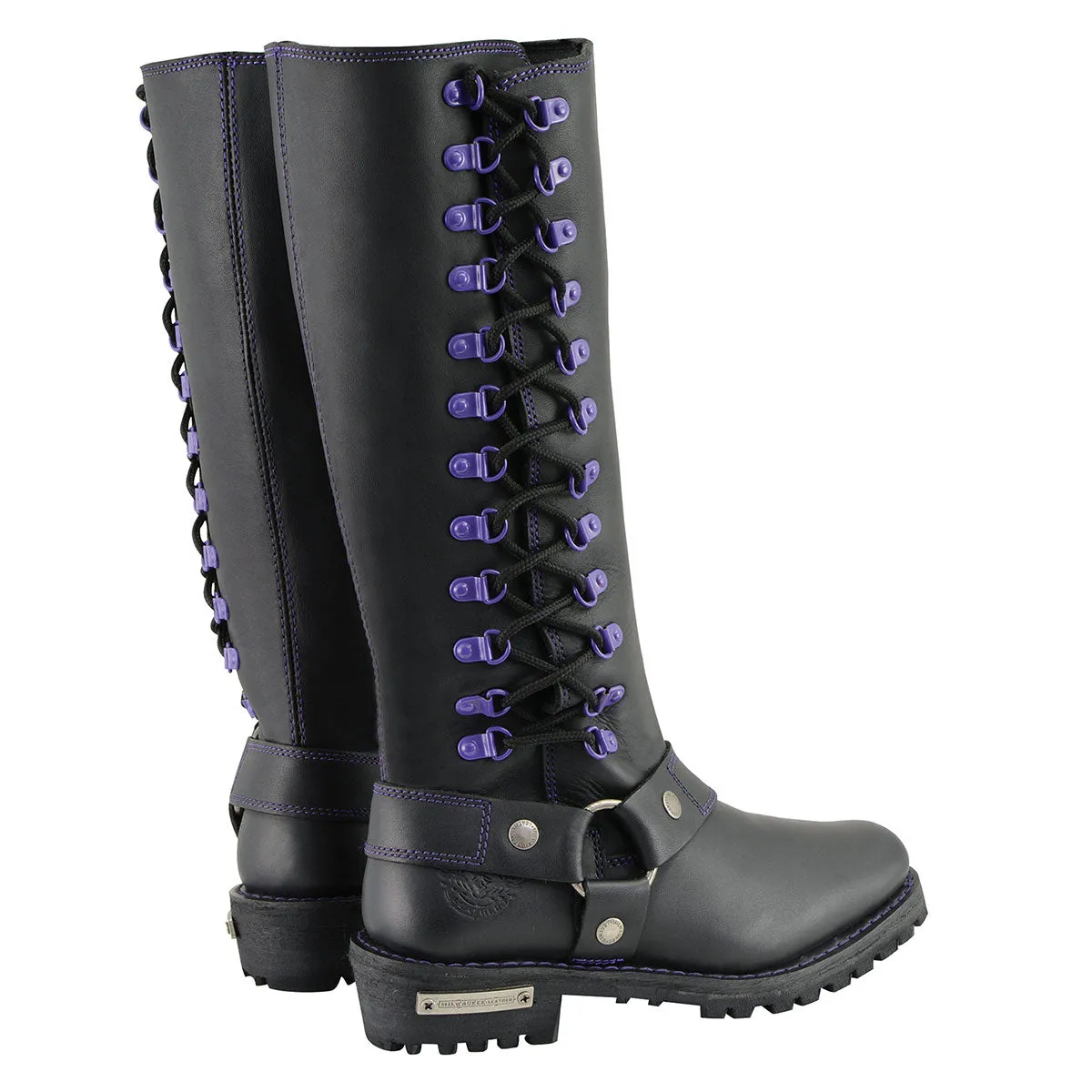 Milwaukee Leather MBL9366 Women's Black 14-inch Leather Harness Motorcycle Boots with Purple Accent Lacing