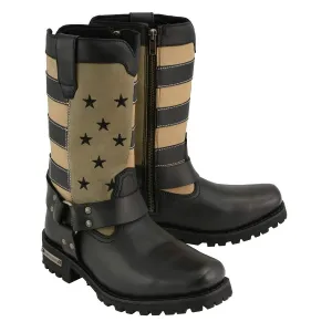 Milwaukee Leather Women’s Stars and Stripes Black with Tan Leather Motorcycle Rider Harness Boots