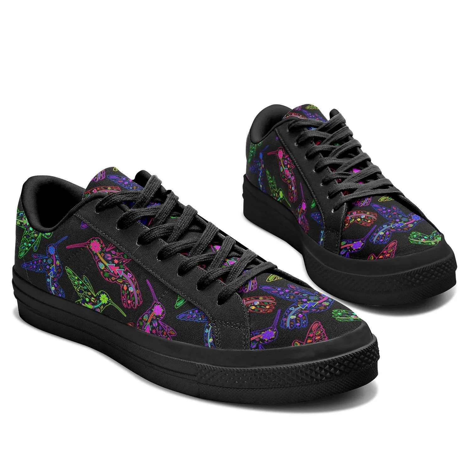 Neon Floral Hummingbirds Aapisi Low Top Canvas Shoes Black Sole