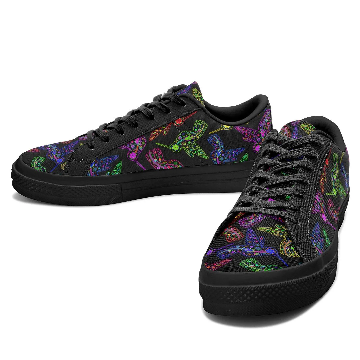 Neon Floral Hummingbirds Aapisi Low Top Canvas Shoes Black Sole