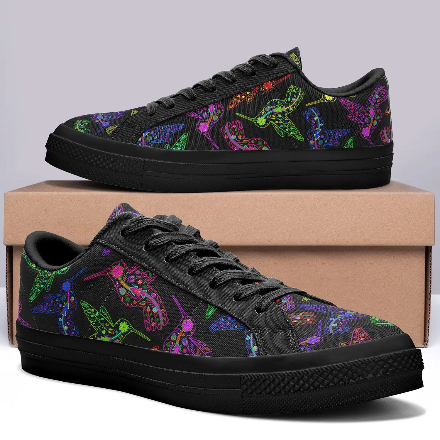 Neon Floral Hummingbirds Aapisi Low Top Canvas Shoes Black Sole