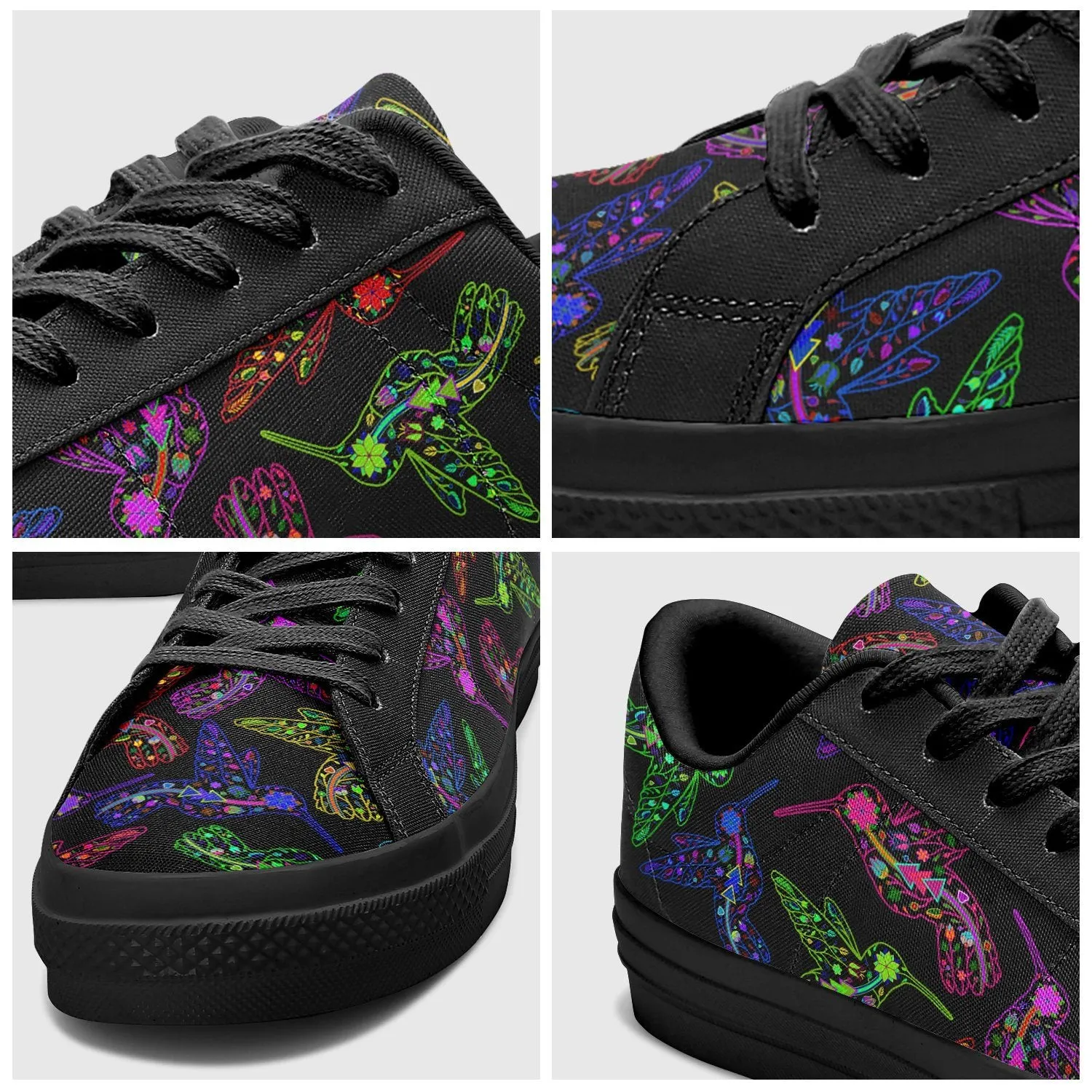 Neon Floral Hummingbirds Aapisi Low Top Canvas Shoes Black Sole