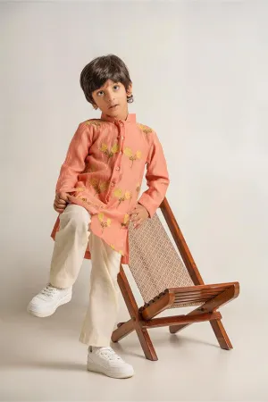 Peekaboo- Peach Chanderi Silk Hand Embroidered Full Sleeves Kurta Set for Boys