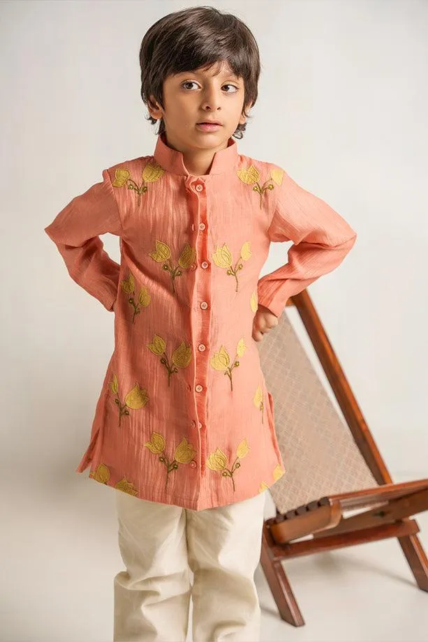 Peekaboo- Peach Chanderi Silk Hand Embroidered Full Sleeves Kurta Set for Boys