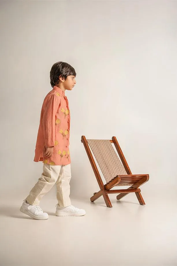 Peekaboo- Peach Chanderi Silk Hand Embroidered Full Sleeves Kurta Set for Boys