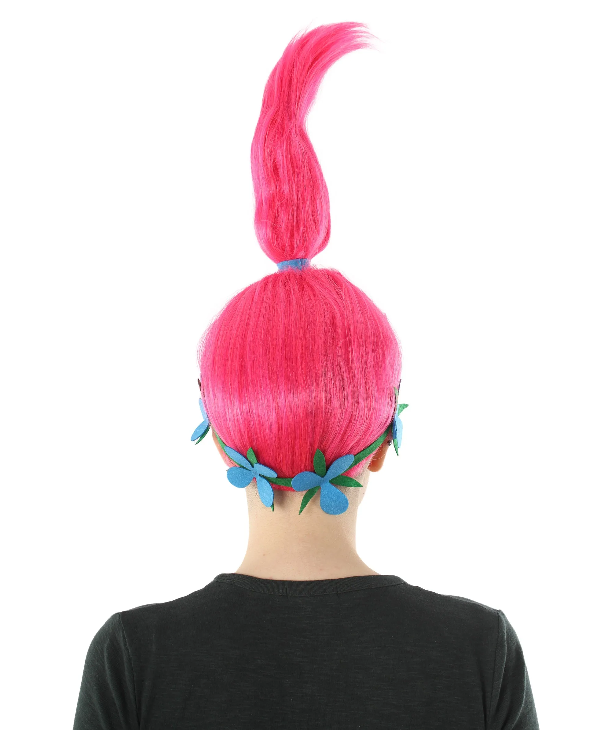 Princess Troll | Long Pointy Pink Ponytail Updo Wig with Blue Flower Headband