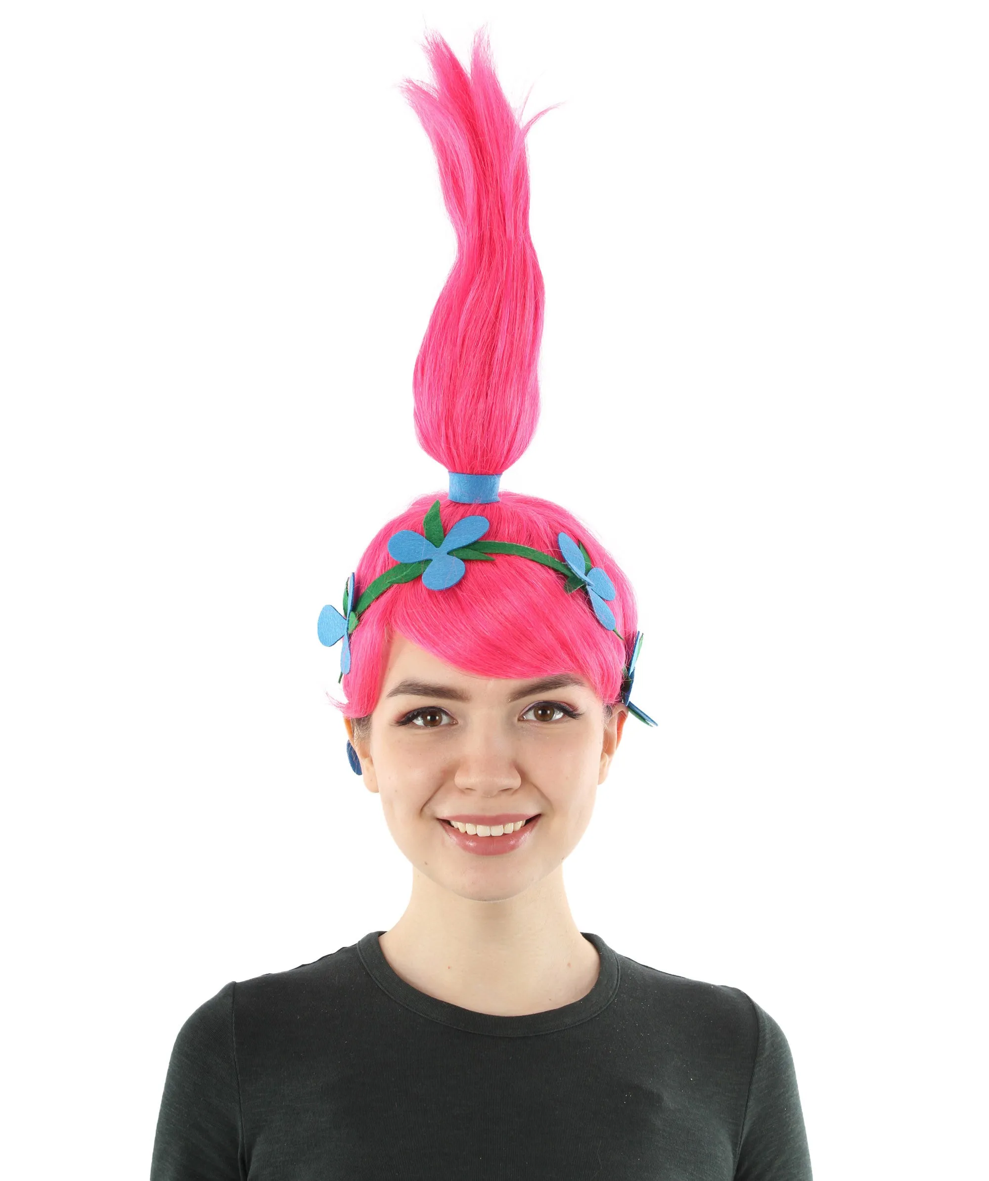 Princess Troll | Long Pointy Pink Ponytail Updo Wig with Blue Flower Headband