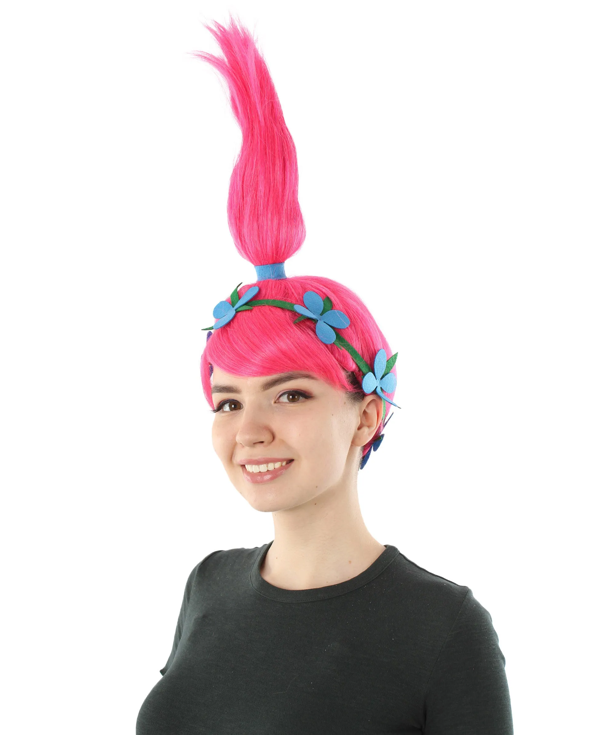 Princess Troll | Long Pointy Pink Ponytail Updo Wig with Blue Flower Headband