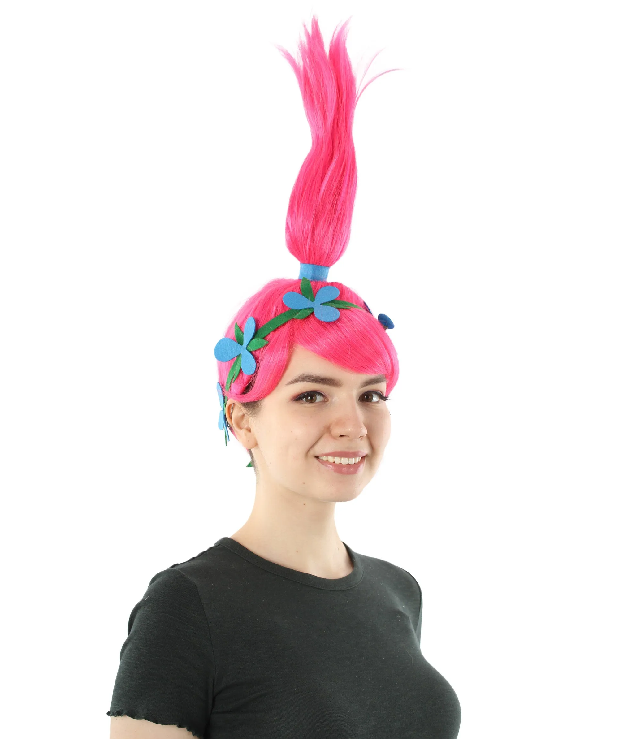 Princess Troll | Long Pointy Pink Ponytail Updo Wig with Blue Flower Headband