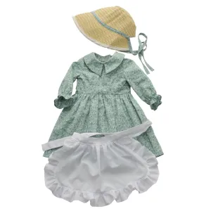 Queen's Treasures Green Calico Prairie Dress, Apron, and Bonnet, Clothes for 18 Inch Dolls