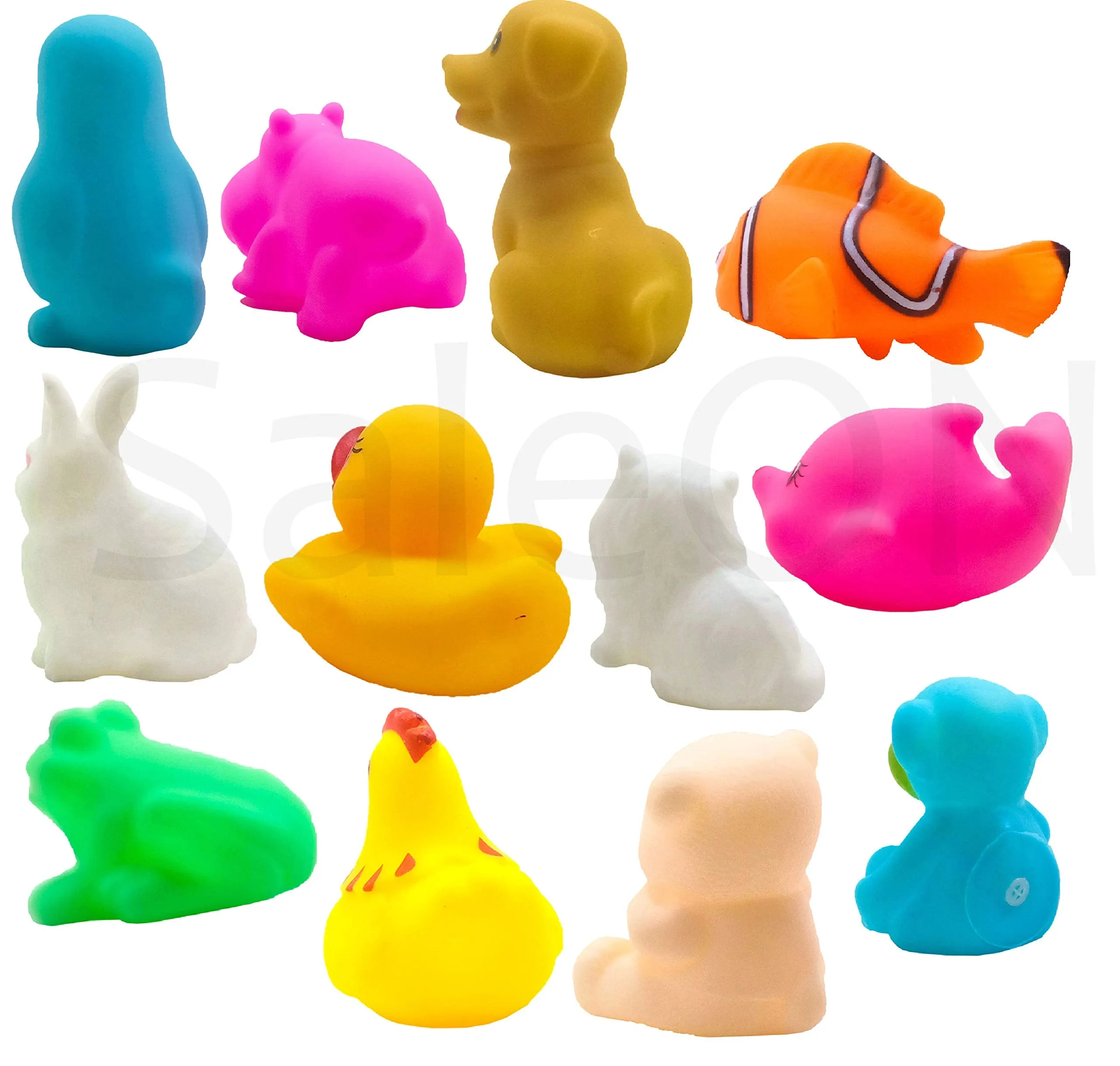 SaleOn Set of 12 Chuchu Mix Cute Animals Bath Toys, Non-Toxic, BPA Free Colorfull Soft Rubber Float Squeeze Sound Squeaky Bathing Toy for Baby - Chu Chu Toy Set –12pc Bath Toys