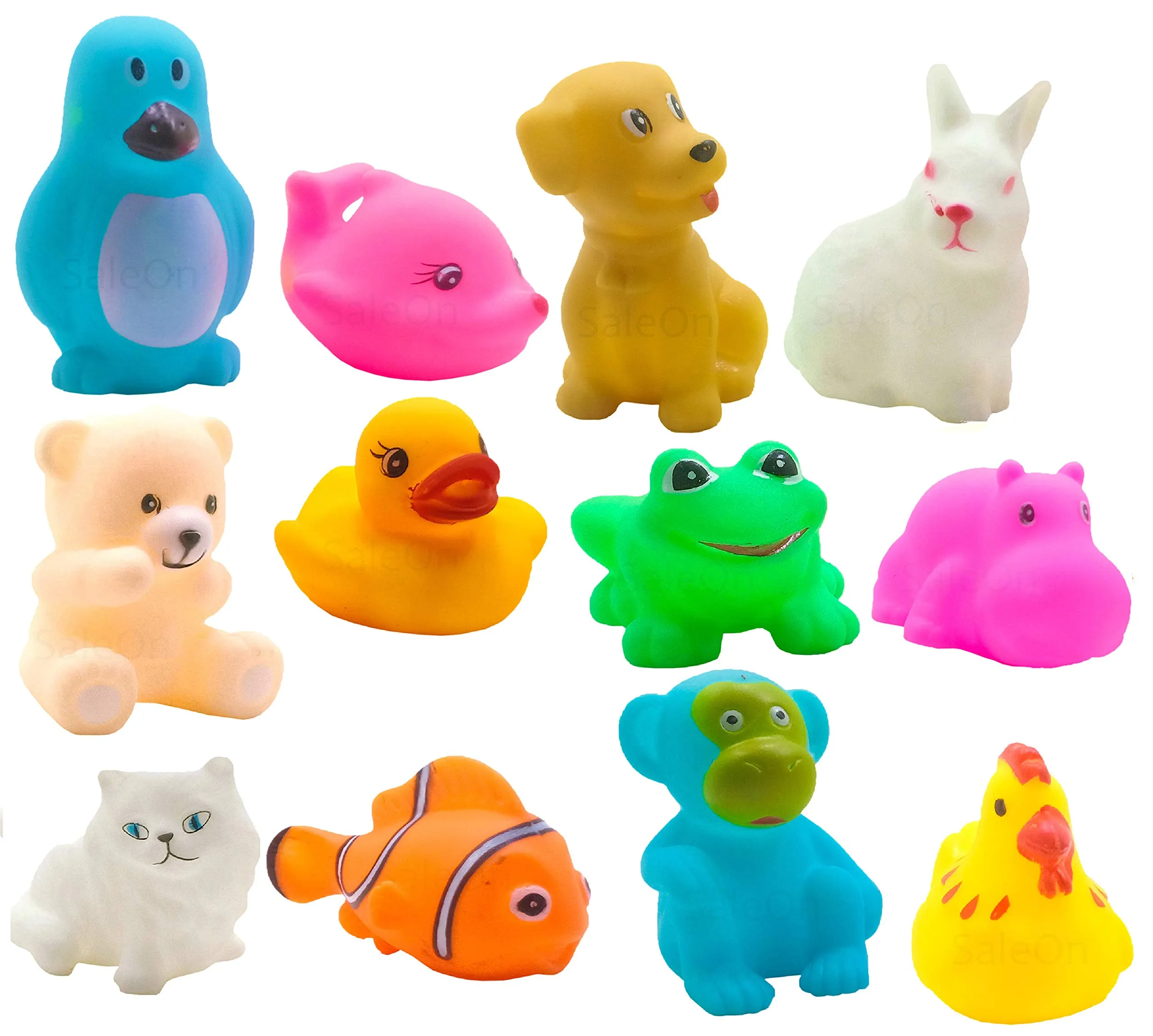 SaleOn Set of 12 Chuchu Mix Cute Animals Bath Toys, Non-Toxic, BPA Free Colorfull Soft Rubber Float Squeeze Sound Squeaky Bathing Toy for Baby - Chu Chu Toy Set –12pc Bath Toys