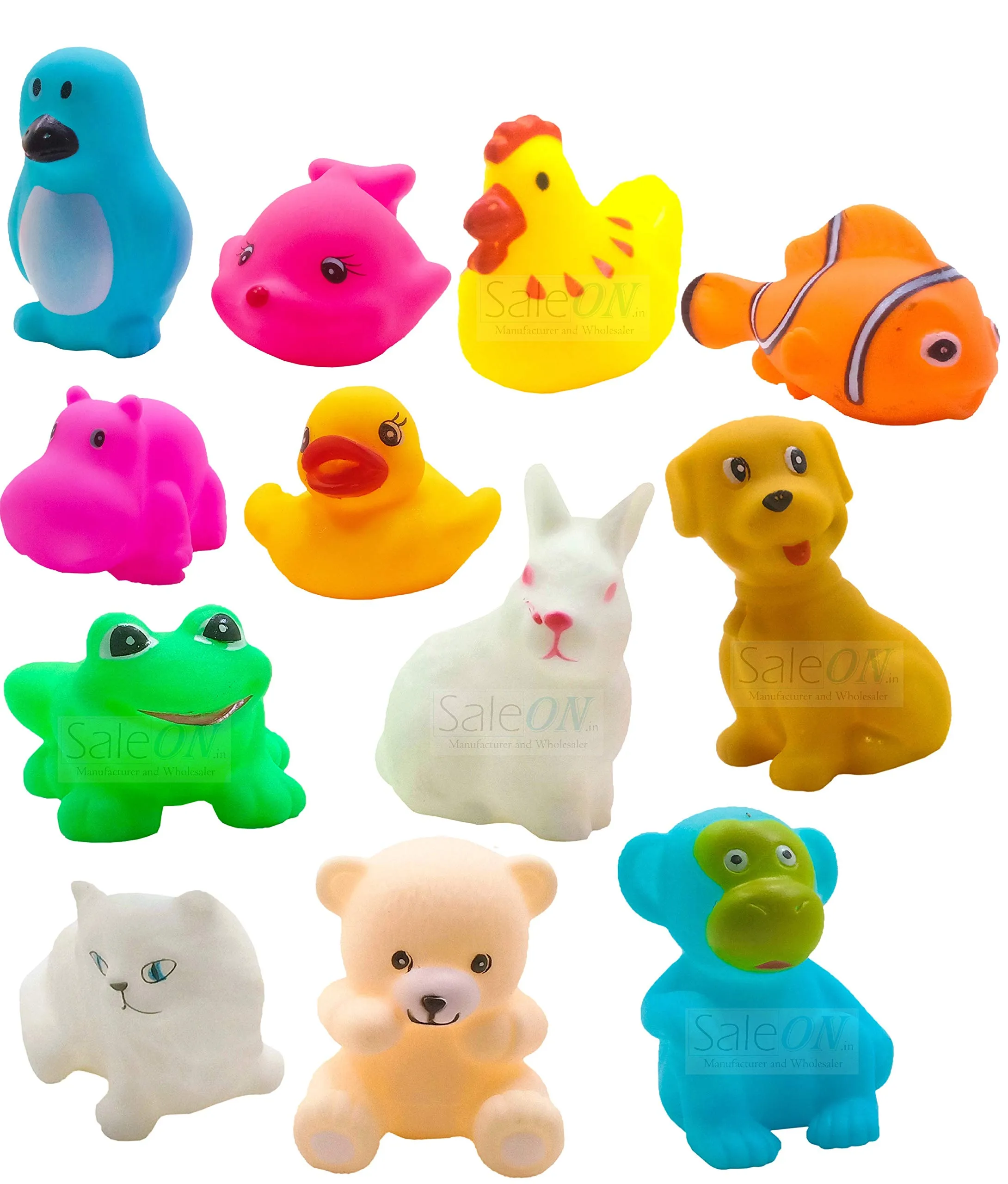 SaleOn Set of 12 Chuchu Mix Cute Animals Bath Toys, Non-Toxic, BPA Free Colorfull Soft Rubber Float Squeeze Sound Squeaky Bathing Toy for Baby - Chu Chu Toy Set –12pc Bath Toys