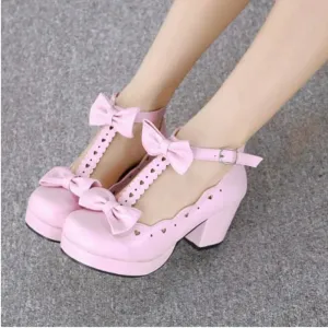 Sohiwoo Lolita shoes cute heavy-bottomed round head women shoes kawaii bowknot love princess cosplay shoes jk uniform lolita cos loli