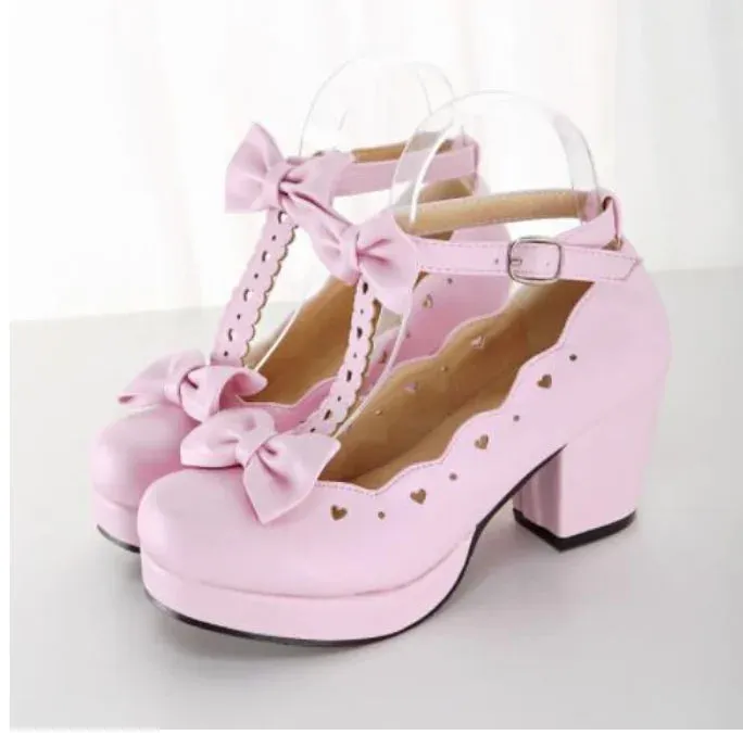 Sohiwoo Lolita shoes cute heavy-bottomed round head women shoes kawaii bowknot love princess cosplay shoes jk uniform lolita cos loli