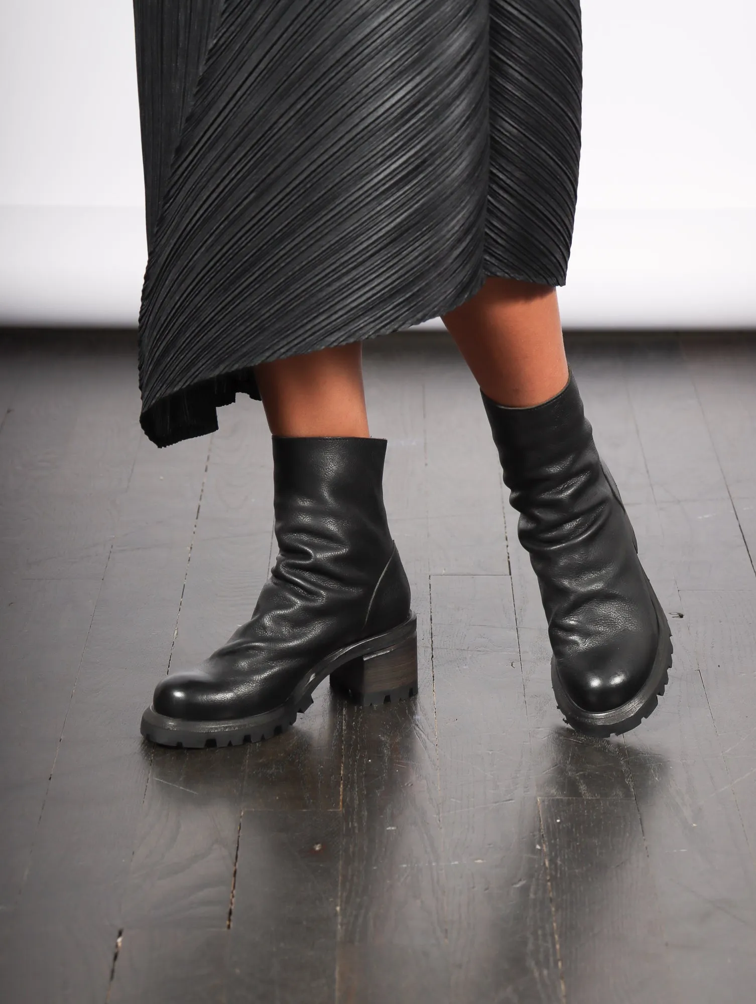 Stacked Wood Heel Boot in Black by Shoto