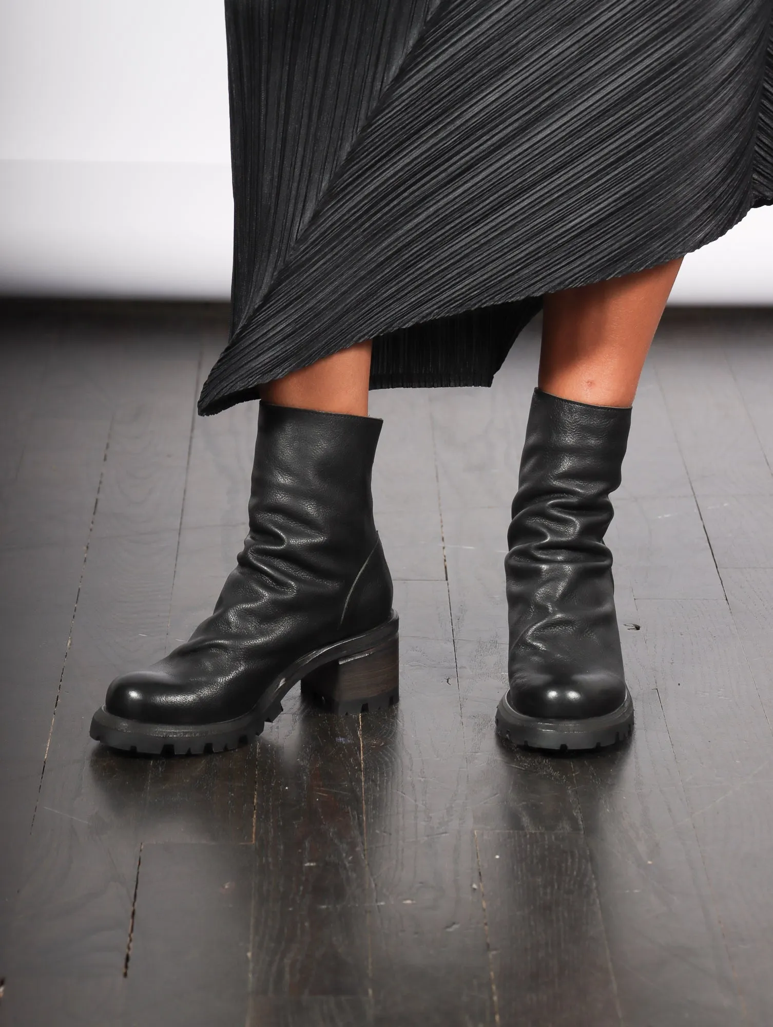 Stacked Wood Heel Boot in Black by Shoto