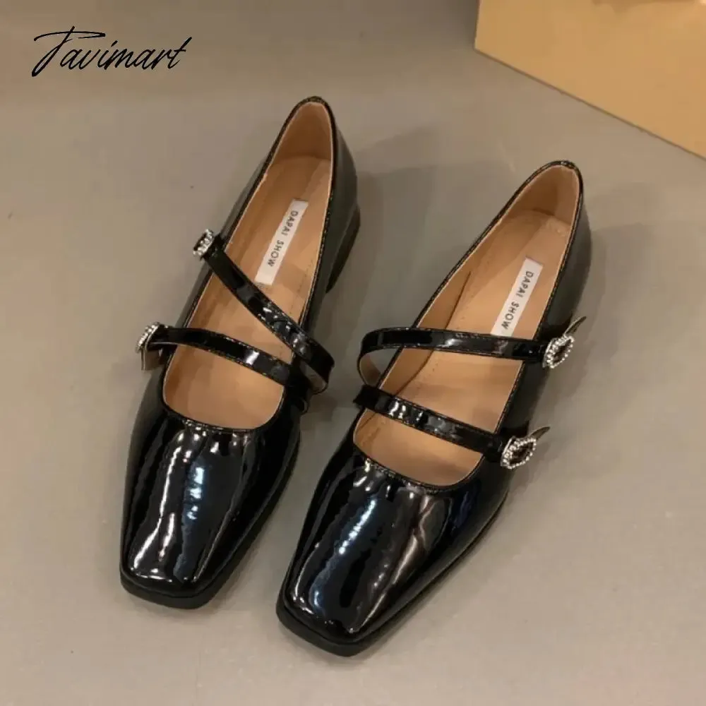 TAVIMART -  Designer Shoes for Women Low Heels Dress Shoes Double Buckle Mary Janes Shoes Square Toe Chunky Heel Leather Shoes Spring 1612N