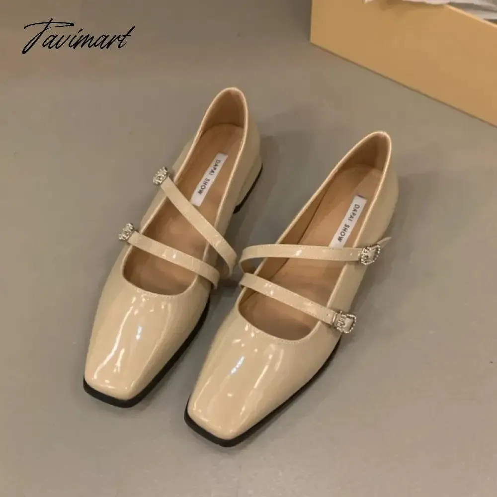 TAVIMART -  Designer Shoes for Women Low Heels Dress Shoes Double Buckle Mary Janes Shoes Square Toe Chunky Heel Leather Shoes Spring 1612N