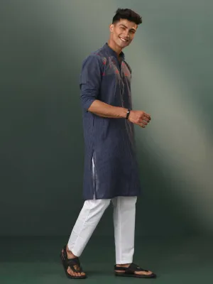 VASTRAMAY Navy Blue Striped Kurta Pyjama