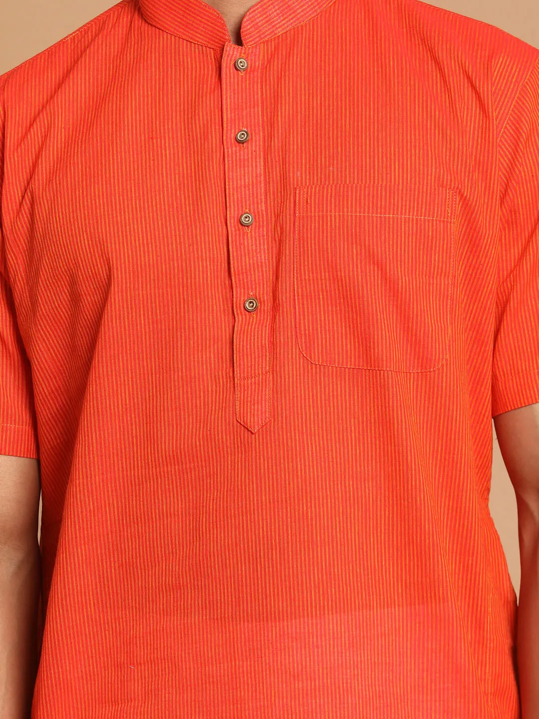 VASTRAMAY Orange Striped Cotton Kurta Set