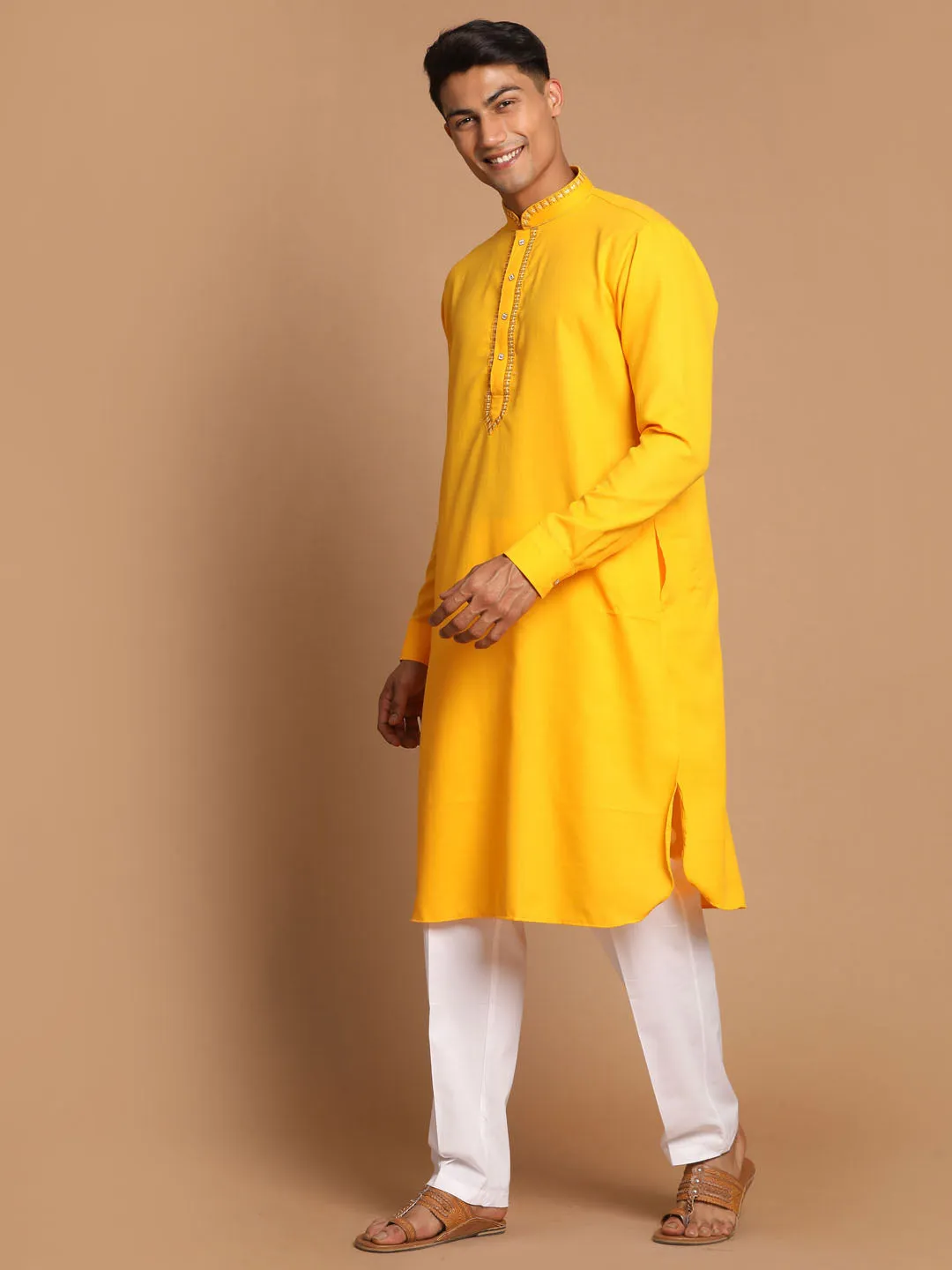 VASTRAMAY Yellow & White Cotton Kurta Set