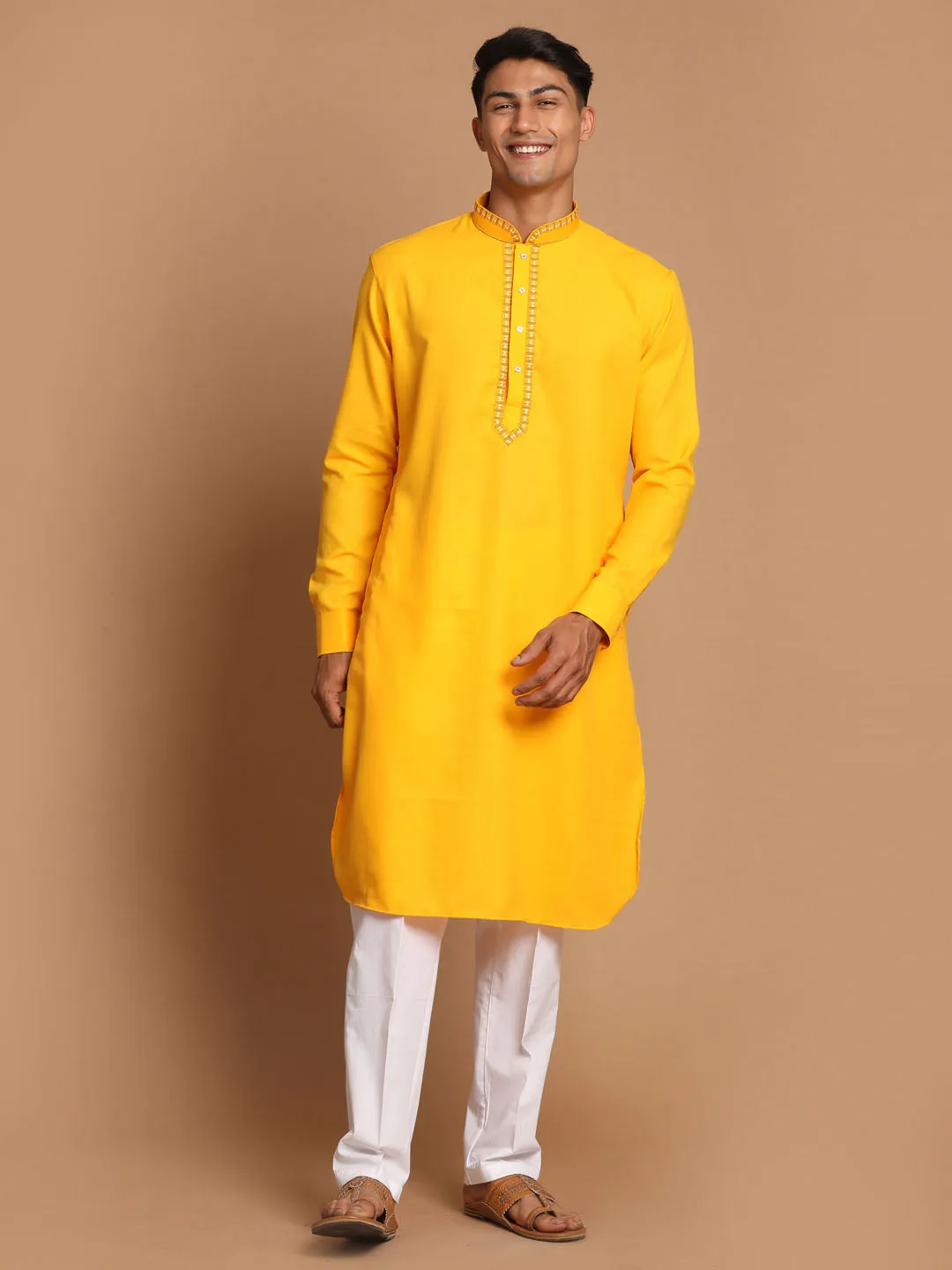 VASTRAMAY Yellow & White Cotton Kurta Set