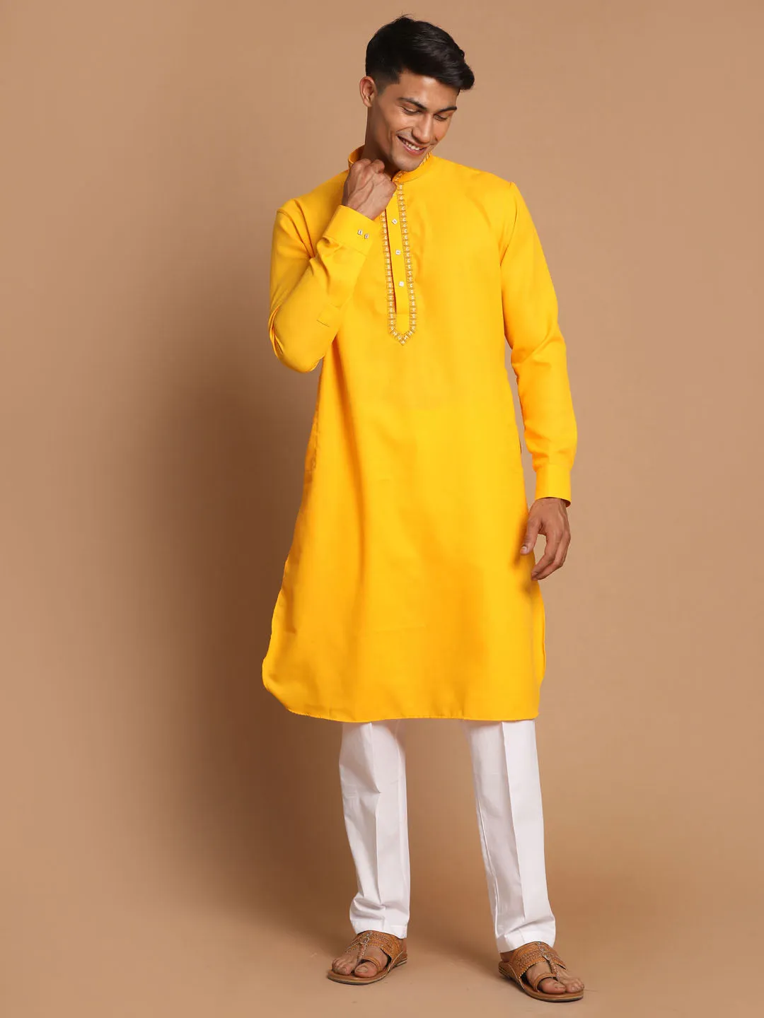 VASTRAMAY Yellow & White Cotton Kurta Set