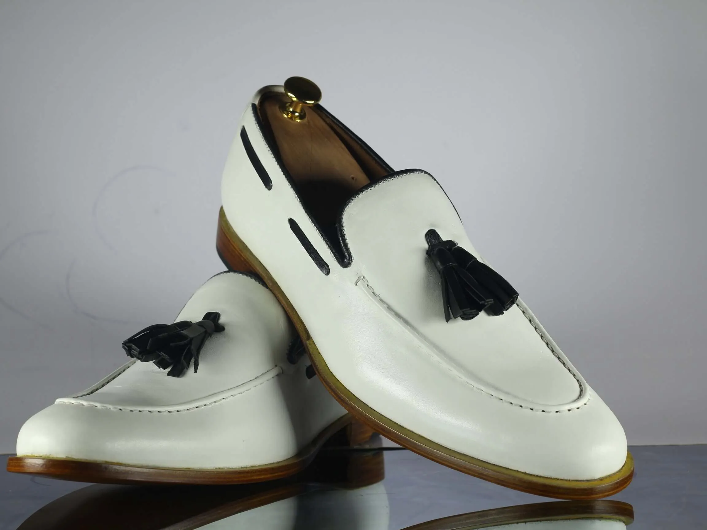 White Loafer Tussle Leather Shoes ,Handmade Formal Shoes