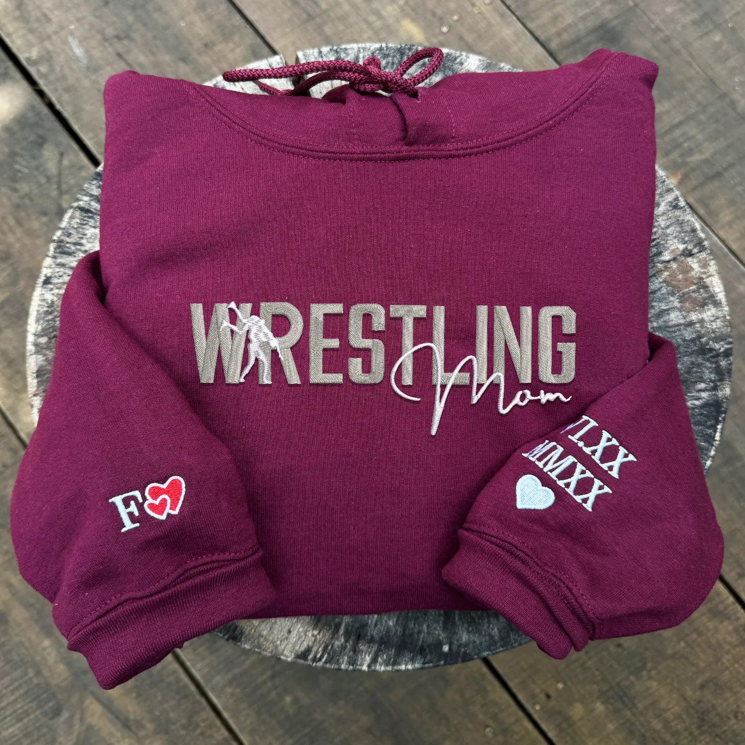 Wrestling Mom Sweatshirt or Hoodie with Embroidered Kids Names on Sleeve