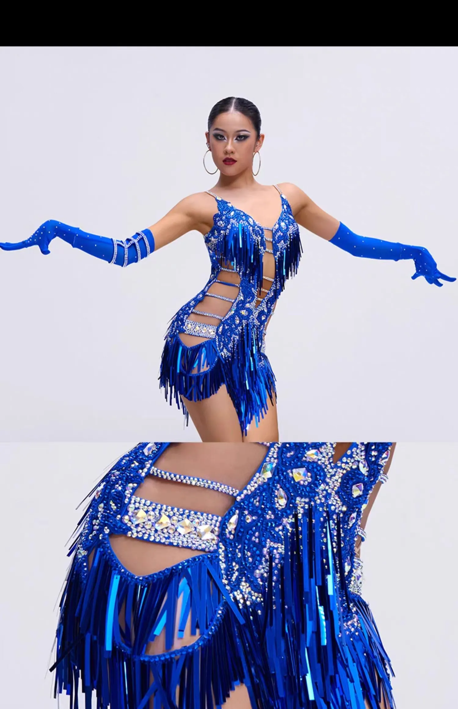 YUN.L032FDD Royal Blue Cut-Out Fringe Dance Dress with Crystal Accents